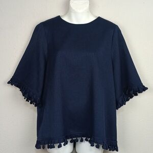 Blaque Label Women's Navy Blue Tassel Trim Lagenlook Boho Blouse sz L